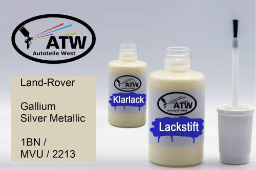 Land-Rover, Gallium Silver Metallic, 1BN / MVU / 2213: 20ml Lackstift + 20ml Klarlack - Set, von ATW Autoteile West.